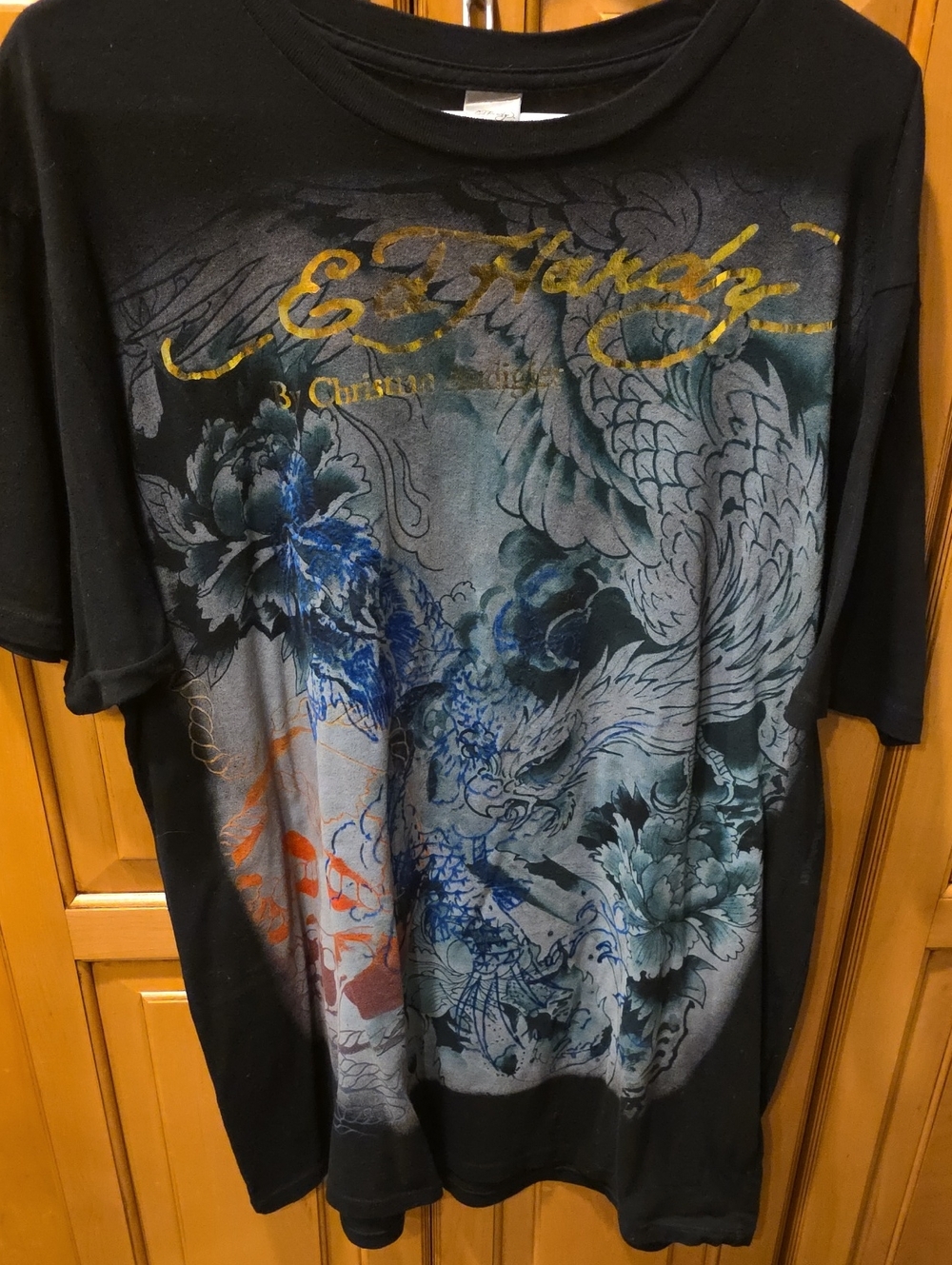 Ed Hardy Black Tee with Blue and Gold Dragon Graphic